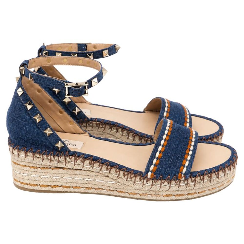 Valentino Garavani Rockstud Wedge Sandals in Blue Cotton Denim
